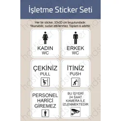 6 Adet İşletme Mağaza Ofis Uyarı İkaz Etiketleri Seti Personel Harici Giremez 24 Saat Kamera İtiniz Çekiniz WC Sticker Kapı Cam Duvar Yönlendirme Suya Dayanıklı Folyo Çıkartma