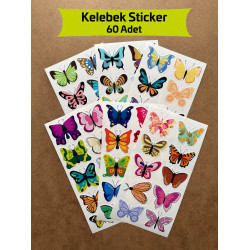 60 Adet Kelebek Sticker Seti - Defter, Duvar, Laptop, Telefon, Ayna, Cam Çocuk Kitap Dekor Etiket P1