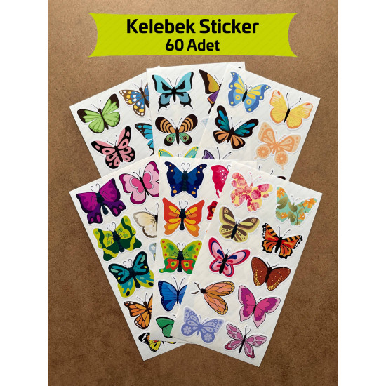60 Adet Kelebek Sticker Seti - Defter, Duvar, Laptop, Telefon, Ayna, Cam Çocuk Kitap Dekor Etiket P1