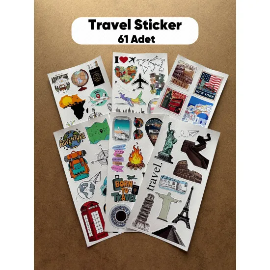 61 Adet Travel Seyahat Temalı Sticker Seti - Gezi, Valiz, Laptop, Defter İçin Renkli Etiket Çıkartma 61 Adet Travel Seyahat Temalı Sticker Seti - Gezi, Valiz, Laptop, Defter İçin Renkli Etiket Çıkartma