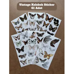 61 Adet Vintage Kelebek Sticker Seti - Defter, Duvar, Laptop, Ayna, Cam Çocuk Kitap Dekor Etiket P4