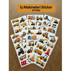 67 Adet İş Makinesi Sticker Seti Dozer, Kepçe, Ekskavatör, Kamyon, Vinç, Beton Mikseri Temalı Etiket