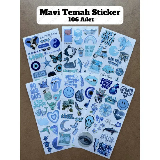 6'lı Mavi Art Temalı Sticker Seti 106 Adet Planner Ajanda Laptop Telefon Bullet Journal Etiket 6'lı Mavi Art Temalı Sticker Seti 106 Adet Planner Ajanda Laptop Telefon Bullet Journal Etiket