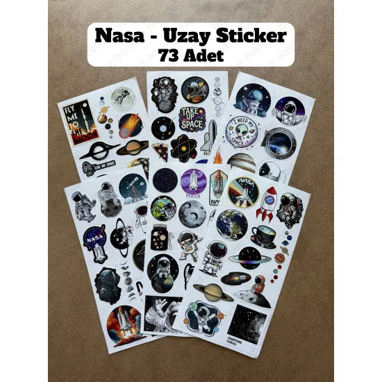 73 Adet NASA Uzay Sticker Seti - Astronot, Gezegen, Roket Temalı Laptop Tablet Bullet Journal Etiket