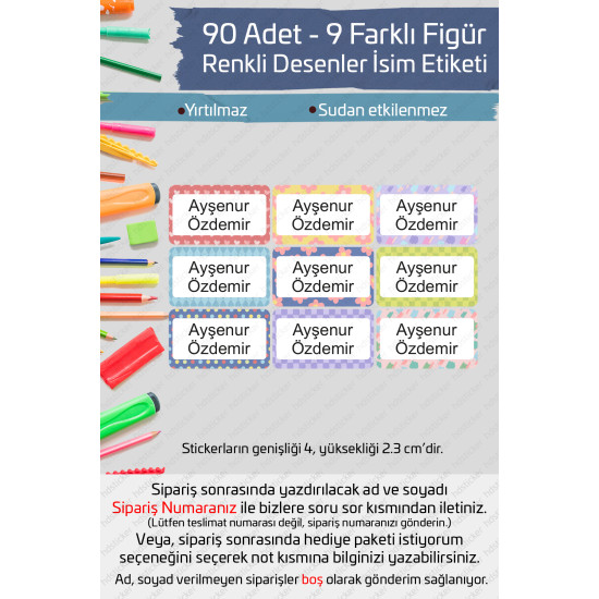 90 Adet Renkli Desenler Temalı İsme Özel Okul Etiketi Kalem Defter Özel İsim Yazılabilen Sticker