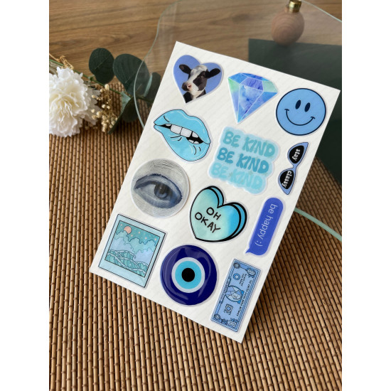 Mavi Premium 3D Görünümlü Göz Alıcı Parlak Kabartmalı Sticker Seti - Telefon Kılıfı Süsü, Etiket