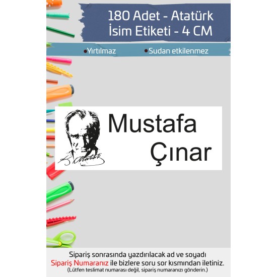 Atatürk İsme Özel Okul Etiketi Kalem Defter Etiketi İsim Yazılabilen Sticker Etiket 180 Adet P2