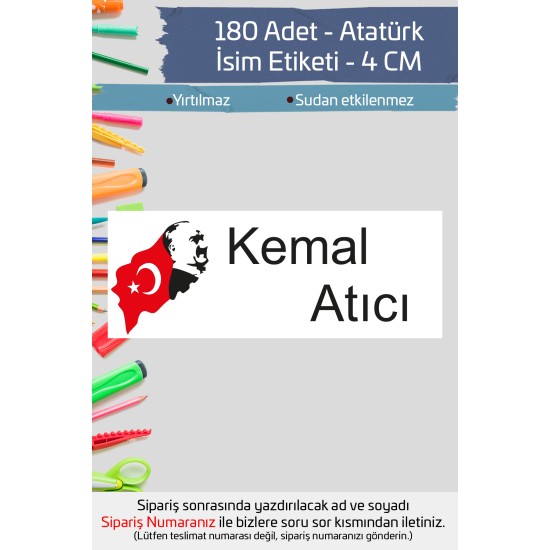 Atatürk İsme Özel Okul Etiketi Kalem Defter Etiketi İsim Yazılabilen Sticker Etiket 180 Adet P3