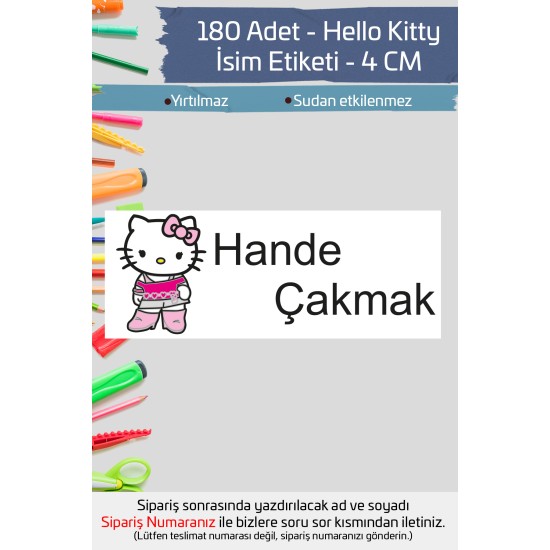Hello Kitty İsme Özel Okul Etiketi Kalem Defter Etiketi İsim Yazılabilen Sticker Etiket 180 Adet P3