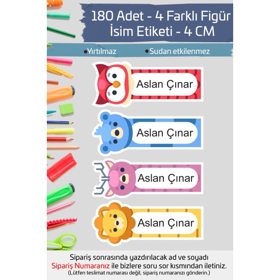 İsme Özel Okul Etiketi Kalem Defter Etiketi Özel İsim Yazılabilen Sticker Etiket 180 Adet P2