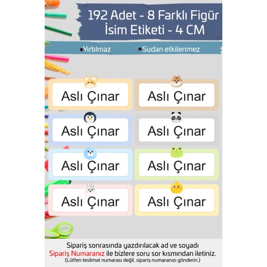 İsme Özel Okul Etiketi Kalem Defter Etiketi Özel İsim Yazılabilen Sticker Etiket 192 Adet P10