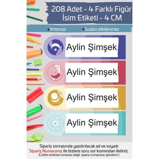 İsme Özel Okul Etiketi Kalem Defter Etiketi Özel İsim Yazılabilen Sticker Etiket 208 Adet P26