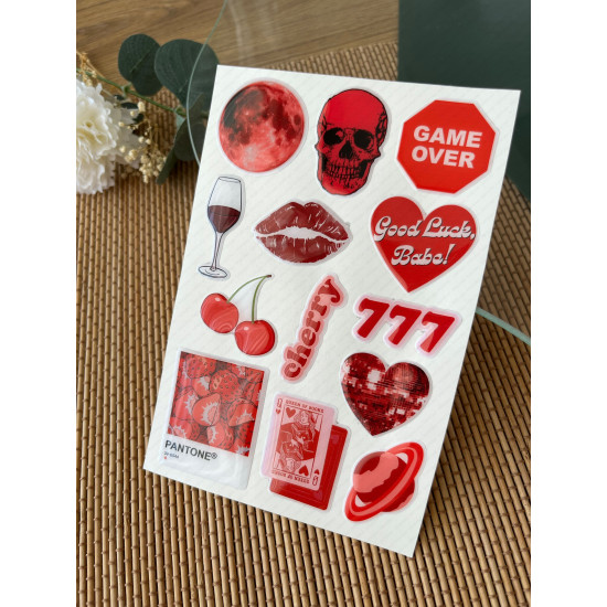 Kırmızı Premium 3D Görünümlü Göz Alıcı Parlak Kabartmalı Sticker Seti - Telefon Kılıfı Süsü, Etiket