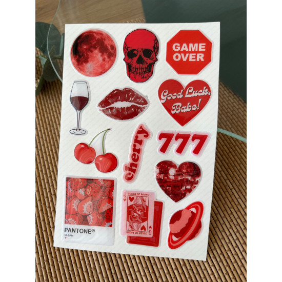 Kırmızı Premium 3D Görünümlü Göz Alıcı Parlak Kabartmalı Sticker Seti - Telefon Kılıfı Süsü, Etiket