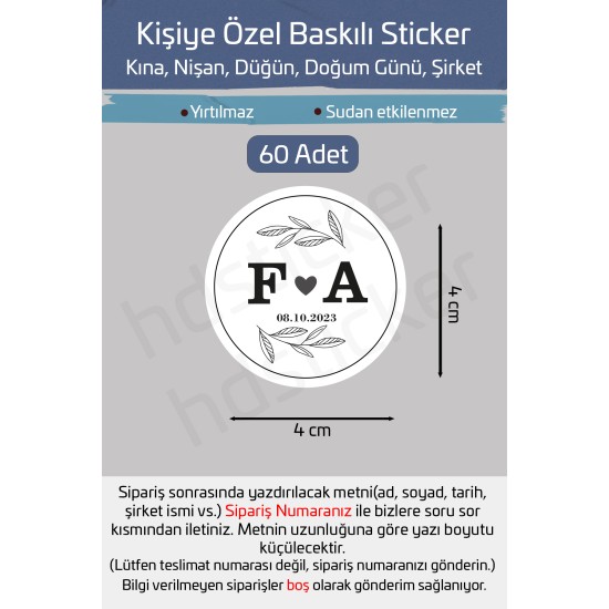 Kişiye Özel Kına Nişan Söz Nikah Düğün Sünnet Bride Bebek Firma Etiket Sticker 60 Adet 4 cm P10