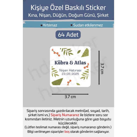 Kişiye Özel Kına Nişan Söz Nikah Düğün Sünnet Bride Bebek Firma Etiket Sticker Hediye Çikolata 45