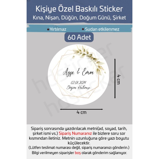 Kişiye Özel Kına Nişan Söz Nikah Düğün Sünnet Bride Etiket Sticker 60 Adet 4 cm P2