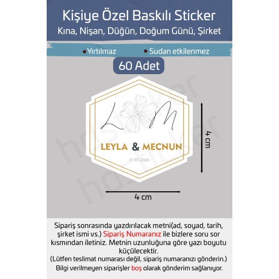 Kişiye Özel Kına Nişan Söz Nikah Düğün Sünnet Bride Etiket Sticker 60 Adet 4 cm P3