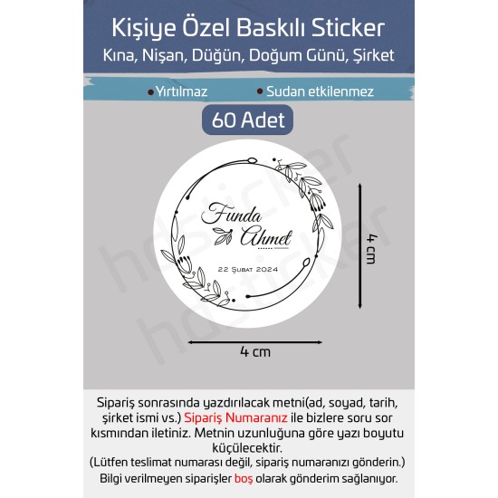 Kişiye Özel Kına Nişan Söz Nikah Düğün Sünnet Bride Etiket Sticker 60 Adet 4 cm P4