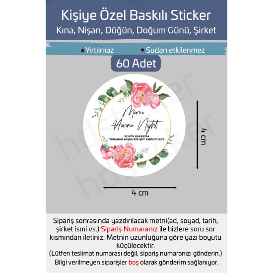 Kişiye Özel Kına Nişan Söz Nikah Düğün Sünnet Bride Etiket Sticker 60 Adet 4 cm P5