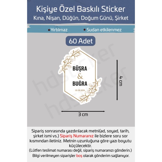 Kişiye Özel Kına Nişan Söz Nikah Düğün Sünnet Bride Etiket Sticker 60 Adet 4 cm P6