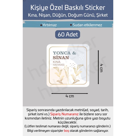 Kişiye Özel Kına Nişan Söz Nikah Düğün Sünnet Bride Etiket Sticker 60 Adet 4 cm P8