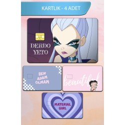 Komik Karışık Temalı Kart Kaplama Sticker Kart Etiketi Paket 1 (4 Adet)