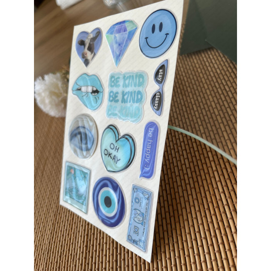 Mavi Premium 3D Görünümlü Göz Alıcı Parlak Kabartmalı Sticker Seti - Telefon Kılıfı Süsü, Etiket