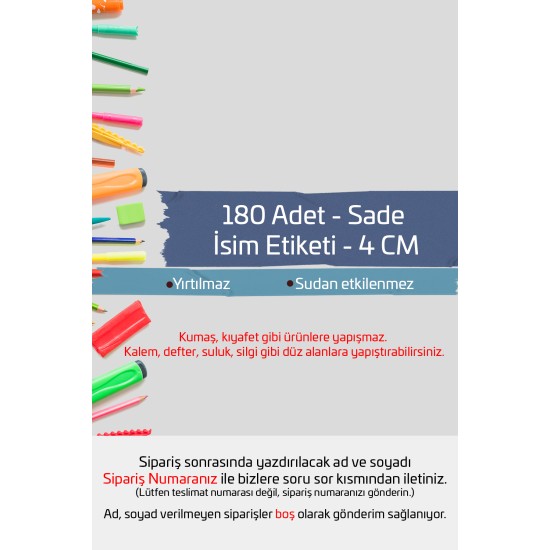 Sade İsme Özel Okul Etiketi Kalem Defter Etiketi İsim Yazılabilen Sticker Etiket 180 Adet