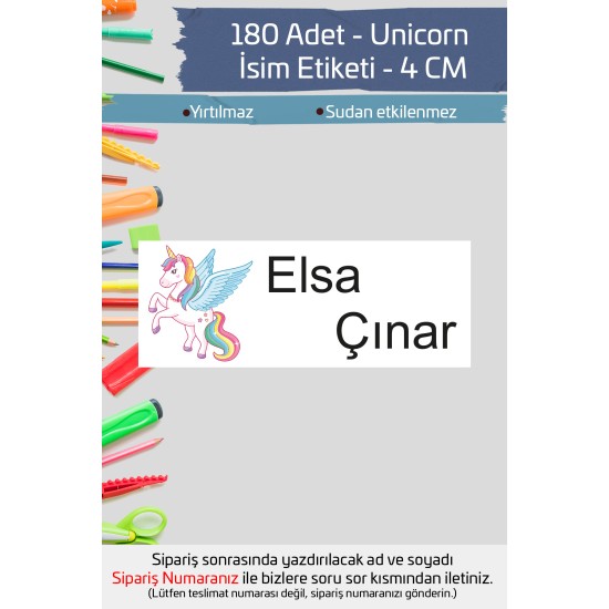 Unicorn İsme Özel Okul Etiketi Kalem Defter Etiketi İsim Yazılabilen Sticker Etiket 180 Adet