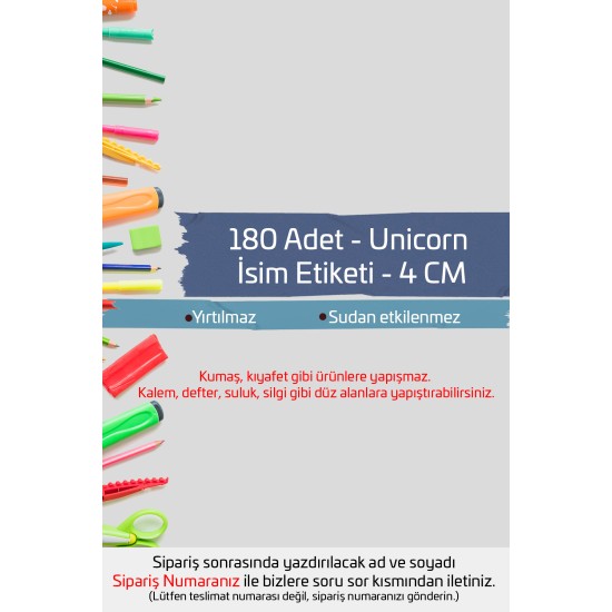 Unicorn İsme Özel Okul Etiketi Kalem Defter Etiketi İsim Yazılabilen Sticker Etiket 180 Adet