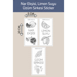 Yıkanabilir 3 Adet Nar Ekşisi Limon Suyu Üzüm Sirkesi Şişe Sticker Etiket Mutfak Suya Dayanıklı