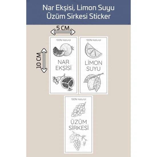 Yıkanabilir 3 Adet Nar Ekşisi Limon Suyu Üzüm Sirkesi Şişe Sticker Etiket Mutfak Suya Dayanıklı