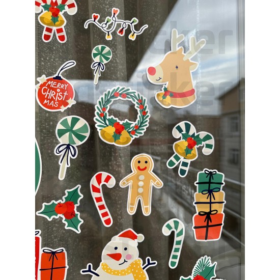 Yılbaşı Yeni Yıl Noel Temalı Cam Pencere Duvar Çocuk Odası Süsleme Sticker Seti Etiket 24 Adet P3